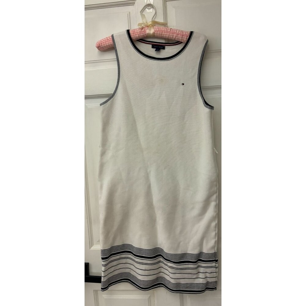 Tommy Hilfiger Womens Sleeveless Striped Hem Dress White/Navy Cotton Blend L/G